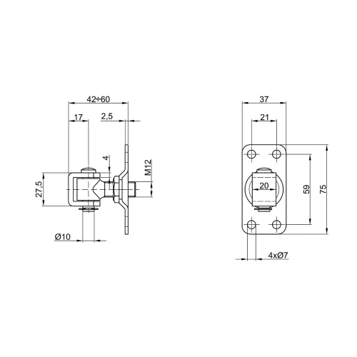 Komet – verstelbaar poortscharnier M12 met plaat 75 × 37 mm, galvanisch zink 001-522 (2)
