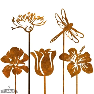 Jardin Bijoux en Suspension – ensemble rouillé de 5 ornements avec libellule XXL en acier 99 cm