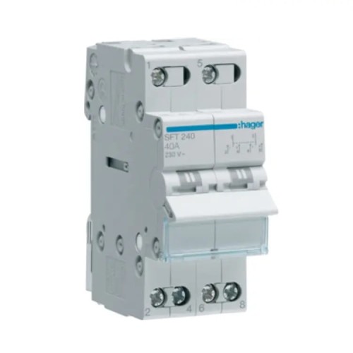 Hager Modulaire installatieschakelaar I-0-II (1-0-2) bovenste gemeenschappelijke punt 2P 40A 230V AC GPV-401-212