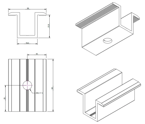 Pince centrale H24 aluminium 6060 trou M8 Anodisé PV-04-02 (2)
