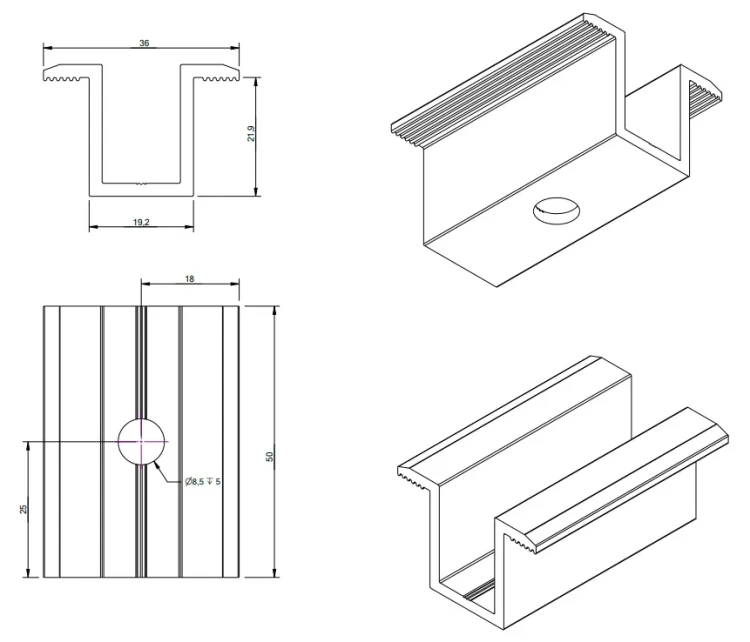 Pince centrale H24 aluminium 6060 trou M8 PV-04-01 (2)