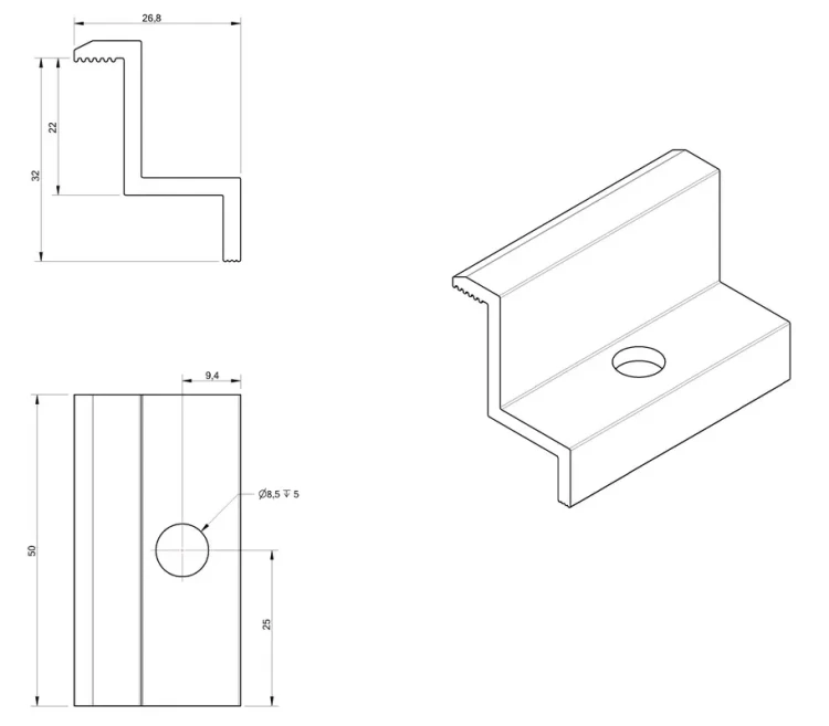 Pince latérale H32 aluminium 6060 trou M8 PV-03-03 (2)