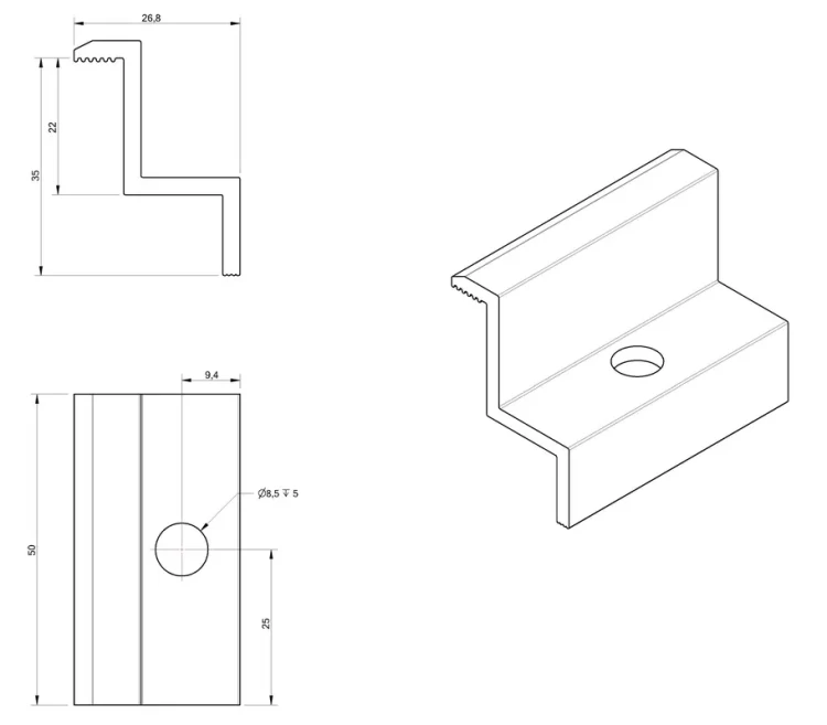 Pince latérale H35 aluminium 6060 trou M8 PV-03-05 (2)