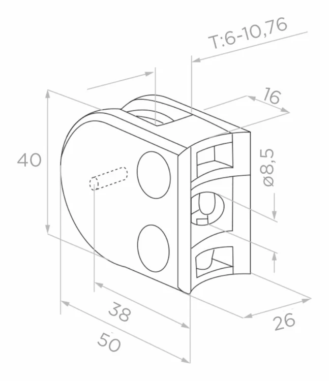 Support de verre 50x40x26 mm avec pin, verre 6-10,76 mm, AISI 304, système 42,4 mm, satiné 000-265 (3)