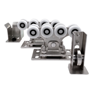 Kit de chariots pour profil 68x68 mm avec roues en plastique, avec galet et support de montée