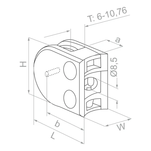 Glashouder 50x40x26 mm met pin, glas 6-10,76 mm, AISI 304, systeem 42,4, glanzend 000-264 (3)