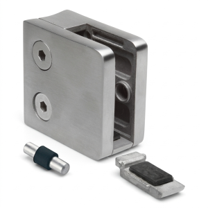 Support verre 6-10,76 mm 45x45x26 mm console et pin AISI 304 système 42,4 mm poli