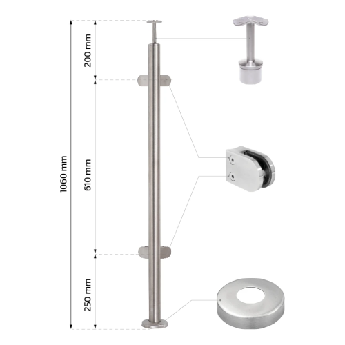 Hoekbalustradepaal voor glas ø 42,4x1060/1102,4mm 4 bevestigingen geslepen 000-559 (2)