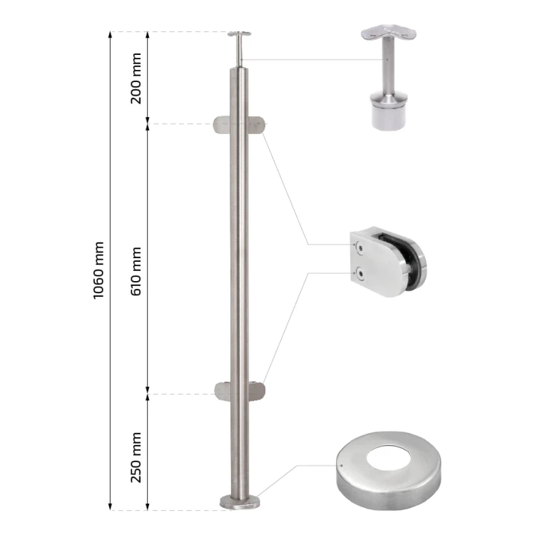 Poteau d'angle pour balustrade en verre ø 42,4x1060/1102,4mm 4 fixations brossé 000-559 (2)