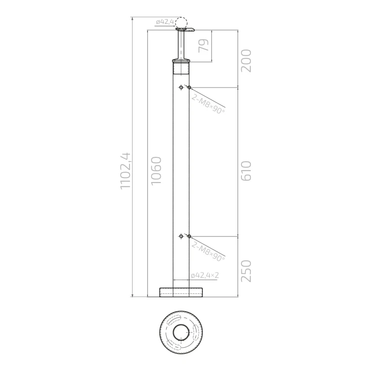 Poteau d'angle pour balustrade en verre ø 42,4x1060/1102,4mm 4 fixations brossé 000-559 (5)