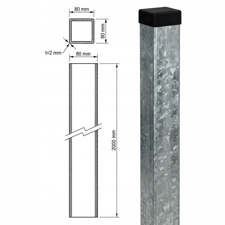 Poteau de clôture 80x80x2 mm, longueur 2,4 m, galvanisé 000-489 (4)