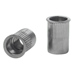 Écrou à riveter traversant M6 A2 AISI 304 – collerette conique réduite, moletée
