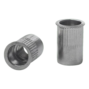 Écrou à sertir traversant M8 A2 – collerette conique réduite, moletée, AISI 304