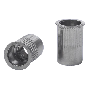 Écrou à river traversant M10 A2 – collerette conique réduite, moletée, AISI 304