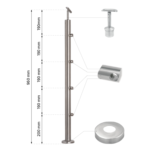 PSG Balustradepaal centraal doorlopend ø 42,4 mm AISI 304 – 4 houders, satijn 001-204 (2)