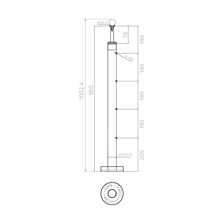 PSG Poteau de balustrade intermédiaire traversant Ø 42,4 mm AISI 304 – 4 supports, satiné 001-204 (4)