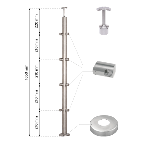 PSG hoekbalusterpaal roestvrij staal AISI 304 ø42,4 mm H1060 mm met houders voor buisjes ø12 mm 001-206 (2)